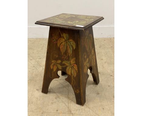 An early 20th century end table, the square top and splayed and fret carved panel end supports all painted with floral motifs