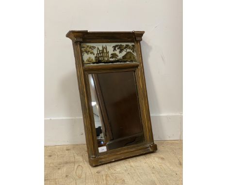 A Regency gilt framed pier glass mirror, inset with verre eglomise panel depicting monastic ruins (alterations, losses) 60cm 