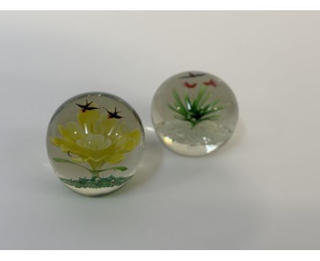 An Art Glass paperweight with a yellow crocus flowerhead to centre and two fish to top (h-10cm) together with an Art Glass pa