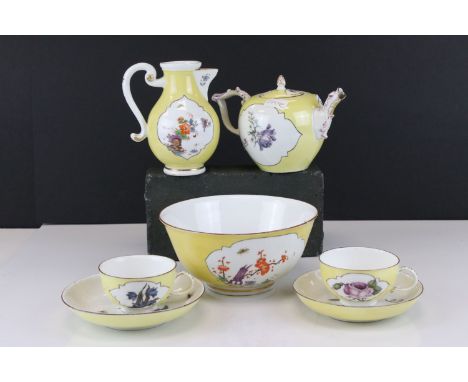 Meissen porcelain yellow ground teapot and cover, circa 1750, damaged spout, decorated with a panel of flowers, chip to cover