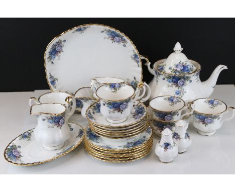 Royal Albert ' Moonlight Rose ' Tea Service comprising Teapot, Six Cups, Saucers and Tea Plates, Sandwich Plate, Milk Jug, Su