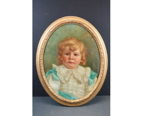 Oval Oil Painting Portrait on Board depicting a Fair Haired Child wearing a frilly shirt, 39cms x 29cm, gilt framed 