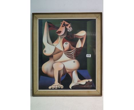 Studio framed Cubist painting, portrait of a nude female, indistinctly signed 