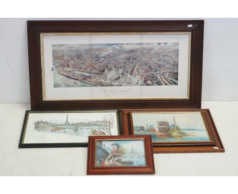 Four Pictures including Oil on Canvas Paris Scene signed Burnett, 24cms x 19cms, Oil on Canvas of Greek Harbour scene signed 