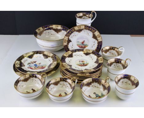 19th century Part Tea Service, each piece with hand painted scene to bowls depicting Country Folk, blue and gilt decorated ri