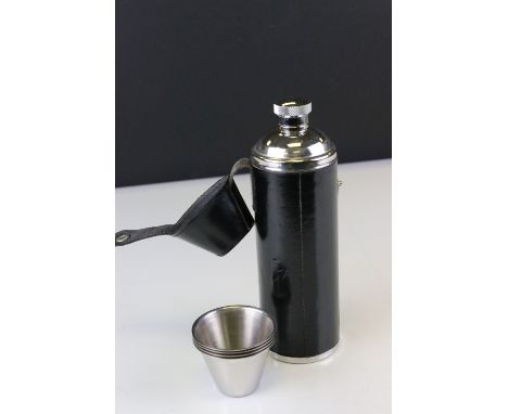 Black Leather Cased Stainless Steel Hip Flask and Four Stirrup Cup Set 