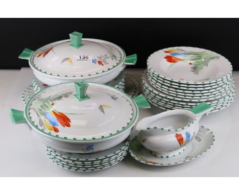 Shelley Crocus pattern Part Dinner Service including Two Tureens, Six Side Plates, Two Sandwich Plates, Sauce Jug and Stand, 