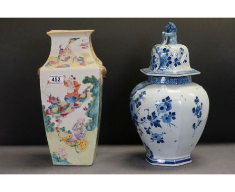 Chinese Porcelain Famille Rose Vase with enamel painted figures decoration, 37cms high together with a Delft Blue and White L