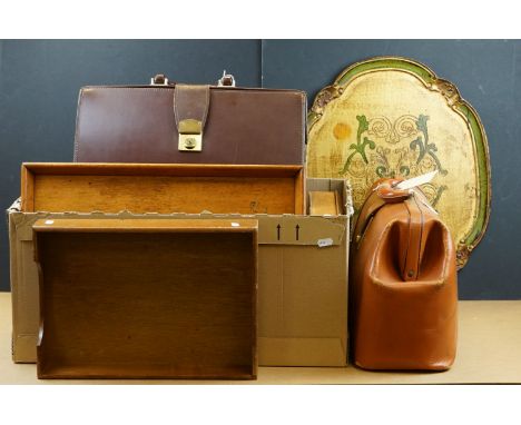 A pair of mid 20th century leather briefcases together with a box of mixed collectables to include a Air Ministry wooden tray