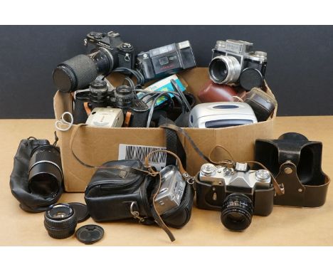 A box of mixed photographic equipment to include Camera's, lenses and light meters ..etc. 