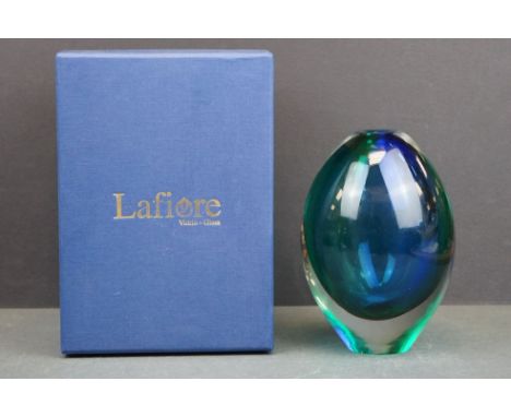 A Orrefors Sweden Art glass green &amp; Blue vase, stands approx 15cm in height, with box 