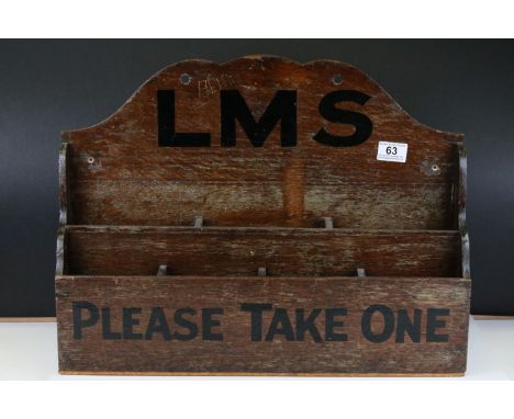 Early 20th century Oak ' LMS ' ( London Midland &amp; Scotland Railways ) Leaflet / Stationery Display Rack marked ' LMS ' an