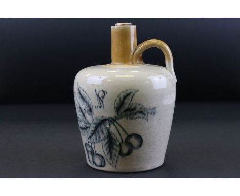 19th century Stoneware Whiskey Flask made by Port-Dundas Pottery, Glasgow Stoneware Flagon decorated with cherries, 18cms hig