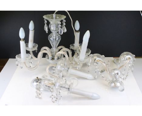Early 20th century Glass Six Branch Central Light Fitting with crystal drops together with a Pair of matching Wall Light Fitt