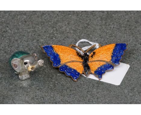 Green Enamel and White Metal Elephant together with an Early to Mid century Enamelled Butterfly Brooch 