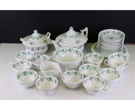 Victorian Part Tea Service decorated with clover and foliage comprising Teapot, Sugar Bowl, Lidded Sugar Bowl, Milk Jug, Twel