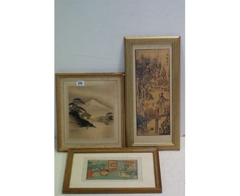 Oriental School, three Japanese framed prints, to include a view of Mount Fuji etc 