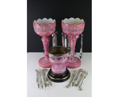 Pair of Victorian Pink Glass Lustres with gilt, pate sur pate and decoration, each hung with prismatic drops, 34cms high toge
