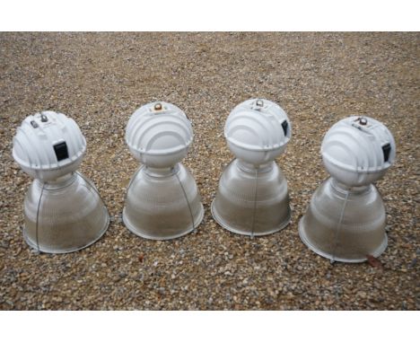 Two pairs of Holophane industrial light fittings with substantial glass shades, suitable for domestic adaptation. Height 60cm