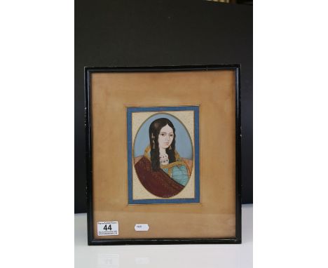 Indian School Painted Illustration being a Portrait of an Indian Girl set within a border, signed, 12cms x 7.5cms, framed and
