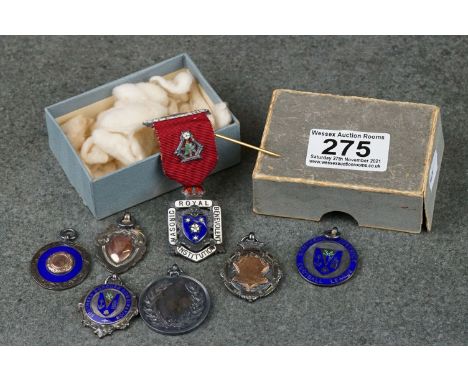A collection of seven hallmarked silver medals and fobs to include enamel examples. 