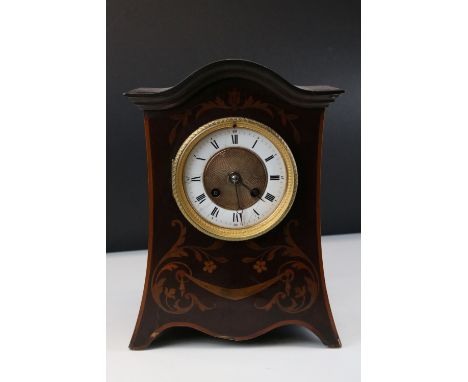 Edwardian Mahogany Inlaid 8 Day Mantle Clock, the white enamel and gilt faced with Roman and Arabic numerals, 28cms high 