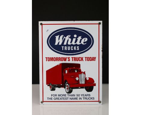 USA American Enamel Advertising Sign ' White Trucks - Tomorrow's Truck Today .... ', 30cms x 23cms 