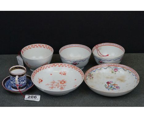 Caughley tea bowl and saucer, a Newhall saucer and two tea bowls, chipped, &amp; a Royal Worcester miniature coffee can and s