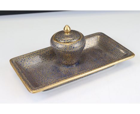 Early 20th century Copeland Spode Porcelain Inkwell on rectangular tray base with a blue and gilt speckled finish, 20cms long