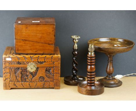 A group of wooden collectables to include a Tazza, candlestick, lamp, Mahogany Cased Electric Shock Machine and carved wooden