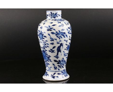 Chinese Baluster Blue and White Vase decorated with flowers, foliage and birds, four Kangxi character marks to base, 22cms hi