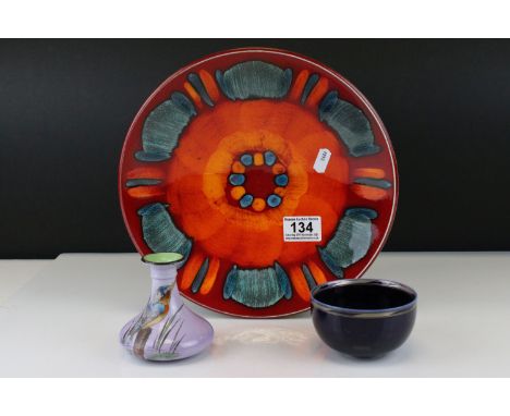 Poole Pottery Delphis Plate, 27cms diameter together with a Small Shelley Kingfisher Vase and Royal Copenhagen Bowl 