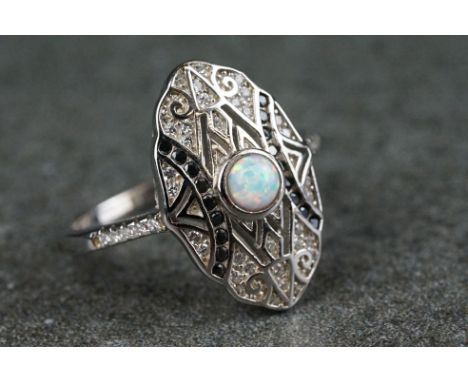 Silver, CZ &amp; opal panelled Art Deco style dress ring 