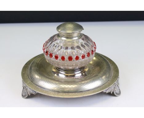 Bohemian Glass Inkwell with Silver Plated Hinged Lid mounted on a circular silver plated stand, 17cms diameter 