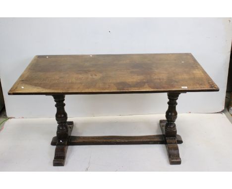 G T Rackshaw of Worcester 17th century style Refectory Table, the plank top with pleated ends, raised on turned and block sup