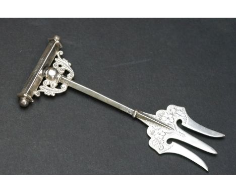 A fully hallmarked sterling silver bread fork, assay marked for Birmingham and dated for 1901. 