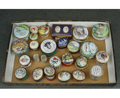 A collection of approx 26 Bilston enamel patch and pill boxes to include Halcyon days examples. 