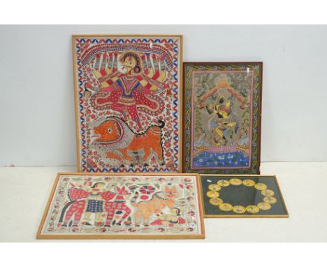 Three Indian Colourful Screen Prints on Fabric, largest 75cms x 55cms together with Set of Framed, Glazed and Mounted 13 Indi