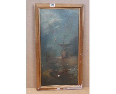 Antique oil on canvas, seascape of two figures rowing a boat heading to ship, indistinctly signed, approx. 61cm x 30cm 