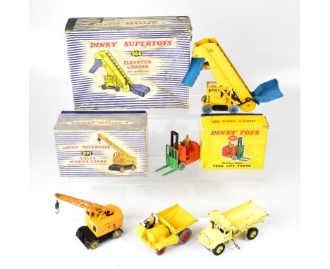 DINKY; five vehicles comprising Dinky Toys 401 Coventry Climax Forklift Truck, boxed with figure, Dinky Supertoys 964 Elevato