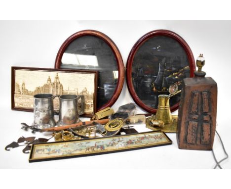 A large quantity of mixed metalware, to include oval brass tray, decorative kettles, candlesticks, pitcher, decorative items,