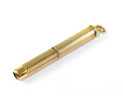 A vintage 9ct gold pocket toothpick, with knurled finish and hoop to the top, length approx 4.8cm, approx 6.2g, hallmarked. C