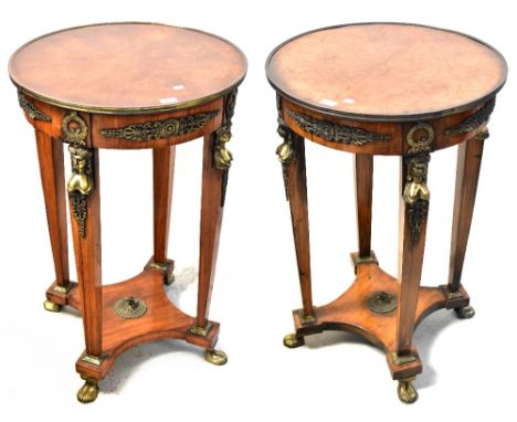 A pair of 19th century walnut veneered gilt brass mounted Guéridon, the radially veneered top above broad frieze with applied