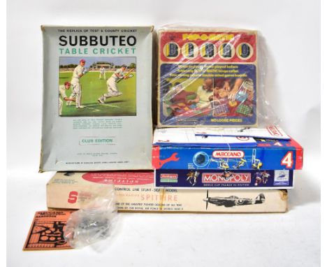 Various modern and vintage collectible toys, to include Subbuteo Table Cricket, a Sterling Models Incorporated Supermarine Sp