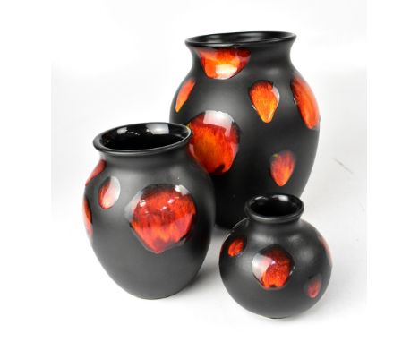 POOLE; three 'Galaxy' pattern vases of globular form, height of largest 25cm, printed marks to base (3).
