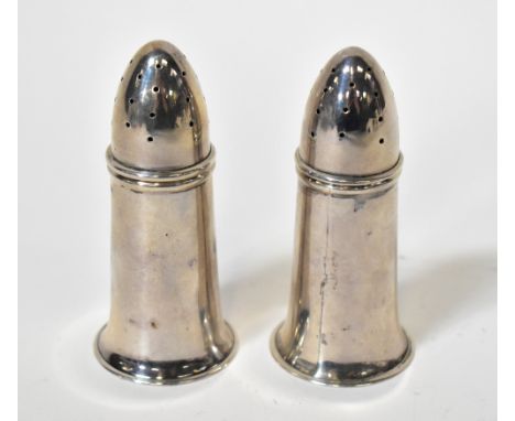 A pair of George V hallmarked silver conical pepper pots, Jones &amp; Crompton, Birmingham 1926, height 8.5cm, approx 1.65ozt