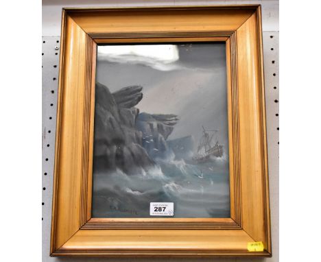 Three paintings of maritime interest comprising E K Redman; oil, depicting a sailboat in trouble, with rough waves crashing a