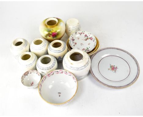 An eclectic ceramic lot to include seven provincial blue and white Chinese ginger/paste pots, each with blue and white scenes