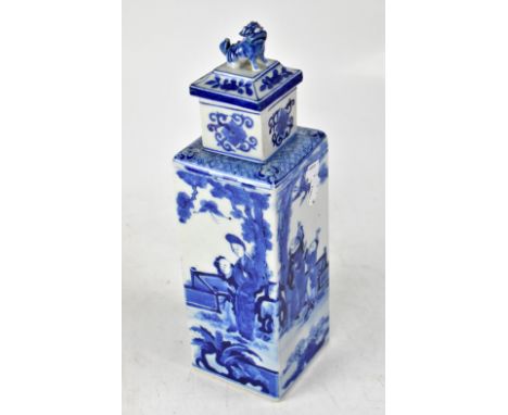 A Chinese blue and white cylindrical vase with cover, each panel with figural and scenic decoration, cover with Dog of Fo, he