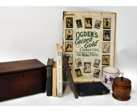 A collectors' lot to include a Victorian Staffordshire pottery frog mug, an oak tea caddy of barrel shape, a mahogany box wit